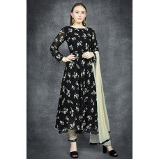 JET BLACK FLORAL PRINTED FLOW CIRCULAR DRESS