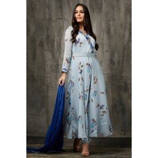 Sky Blue Floral Printed Suit Pakistani Designer Anarkali Dress