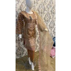 Brown Embroidered Straight Cut Readymade Salwar Suit