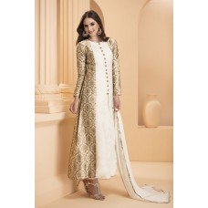 IDC-162 WHITE AND GOLDEN BROCADE DESIGNER READY TO WEAR DRESS