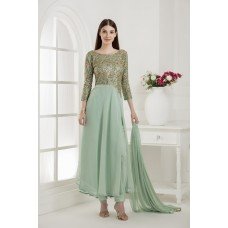 SAGE GREEN FLORAL THREAD AND BEAD WORK READY MADE LONG DRESS