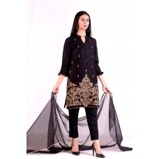 Black Embroidered Evening Salwar Suit Designer Linen Readymade Dress