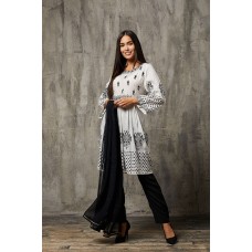 Black & White Linen Salwar Kameez Pakistani Frock Style Suit