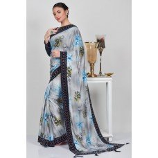 Grey & Blue Floral Printed Designer Saree