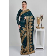 Peacock Blue Gold Embroidered Ethnic Saree