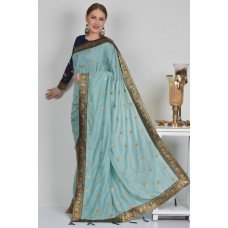 Dark Mint & Blue Embroidered Festive Saree