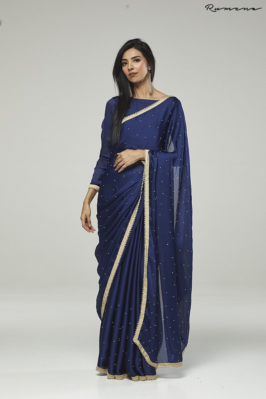 NAVY BLUE CHIFFON CAPE STYLE SAREE