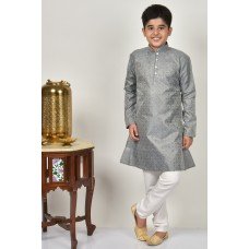 Grey Jamawar Boys Kurta & White Pajama