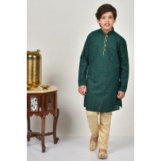 Teal Green & Beige Jacquard Kurta Payjama For Boys