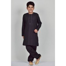 Black Embroidered Kids Kurta Pajama Set