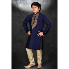 Blue Gold Embroidered Kurta Pajama Boys Wedding Suit