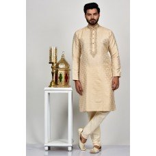 Cream Indian Designer Embroidered Mens Kurta Pajama