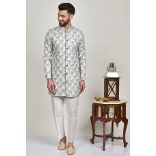 Grey Embellished Kurta Pajama Mens Designer Clothing