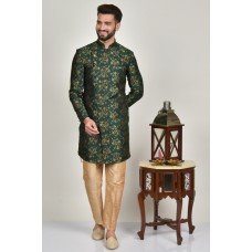 Green Short Embroidered Kurta Pajama Mens Wedding Outfit