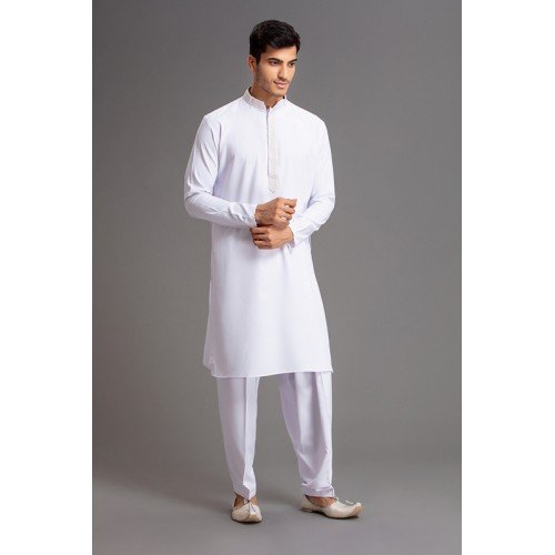 White Indian Festive Wear Salwar Kameez For Men