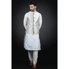 White Kurta Pajama Set Ivory Embroidered Menswear Waistcoat Wedding Suit