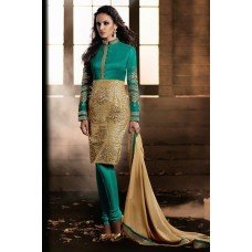 SEA GREEN AND GOLD HEROINE STRAIGHT CUT DESIGNER DRESS 