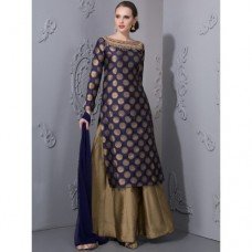 Blue Gold Silk Lehenga Readymade Indian Designer Gown