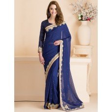 IDS-08 BLUE PARTY WEAR SAREE WITH FULL SLEEVE BLOUSE (READY MADE)