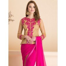 ZIDS-12 PLAIN PINK PARTY WEAR SAREE WITH STITCHED JACKET STYLE BLOUSE (READY MADE)